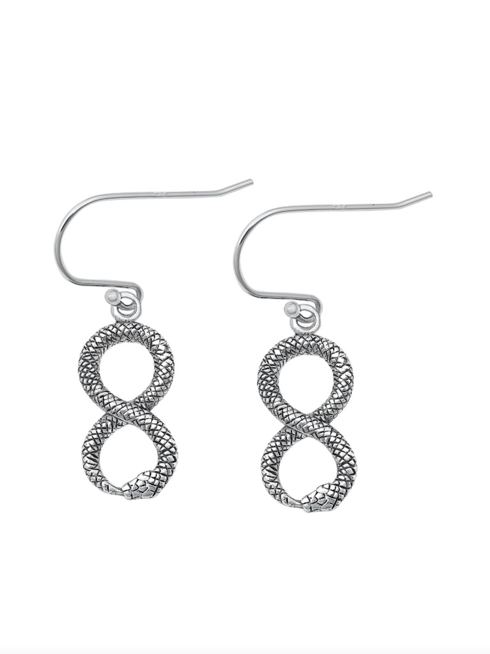 Sterling Silver Snake Earrings – Oxidized Finish, Dangle Hook, Textured Infinity